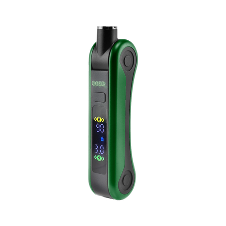 Angled view of green Hinge vape battery with digital screen turned on and 510 thread in use position