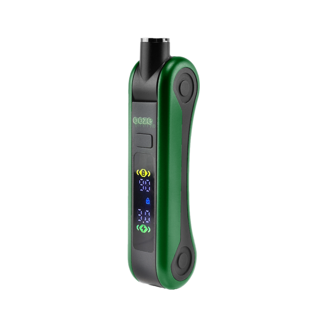 Angled view of green Hinge vape battery with digital screen turned on and 510 thread in use position