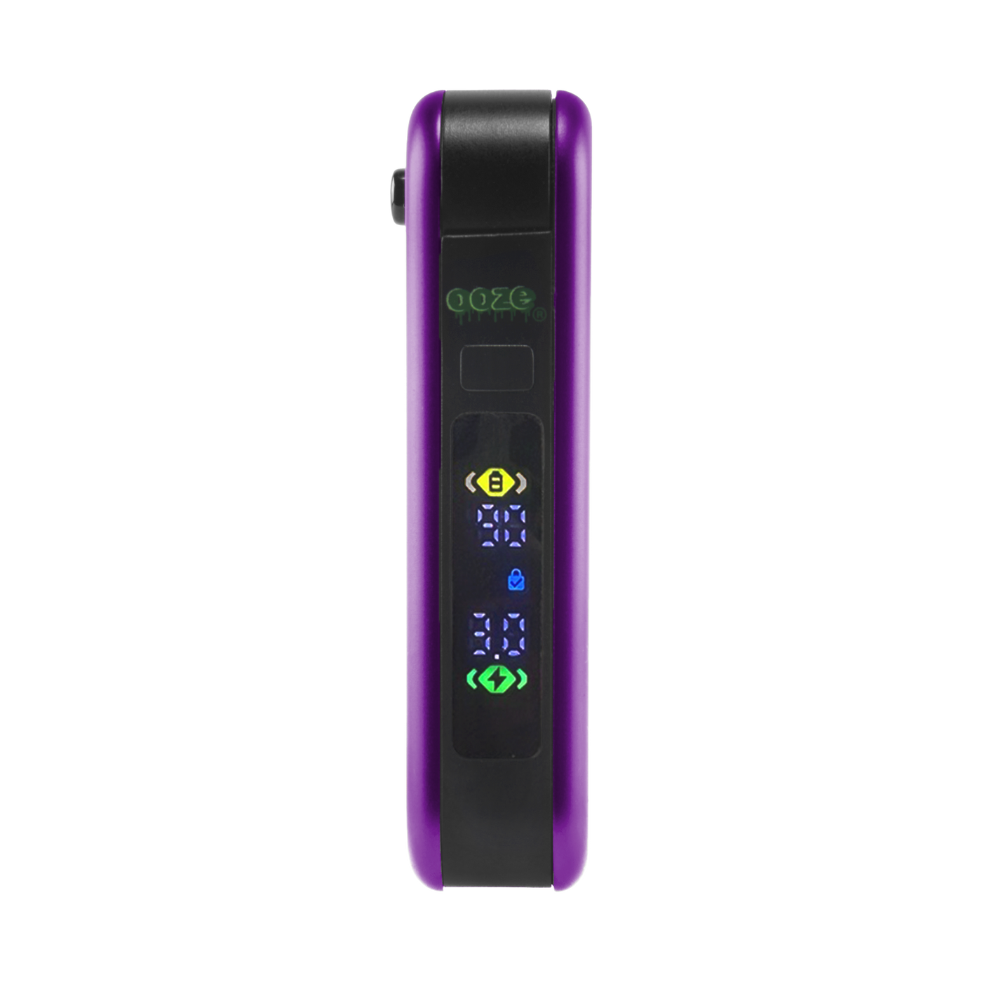 Purple Ooze Hinge battery with digital screen turned on, 510 thread in closed position