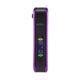 Purple Ooze Hinge battery with digital screen turned on, 510 thread in closed position