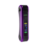 Angled view of purple Hinge vape battery with digital screen turned on, 510 thread in closed position