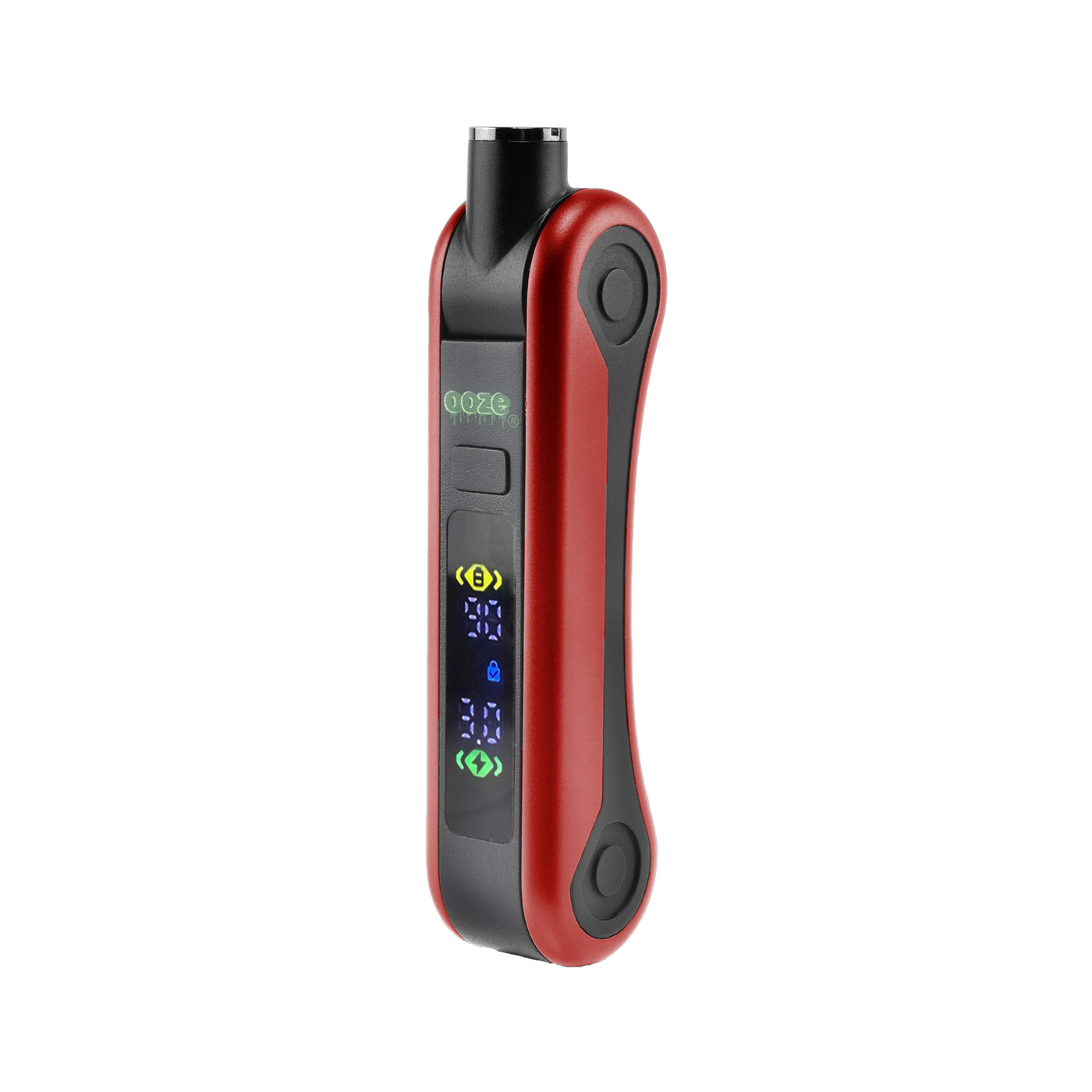 Angled view of red Hinge vape battery with digital screen turned on, 510 in use position