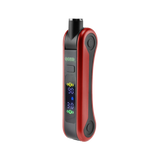 Angled view of red Hinge vape battery with digital screen turned on, 510 in use position