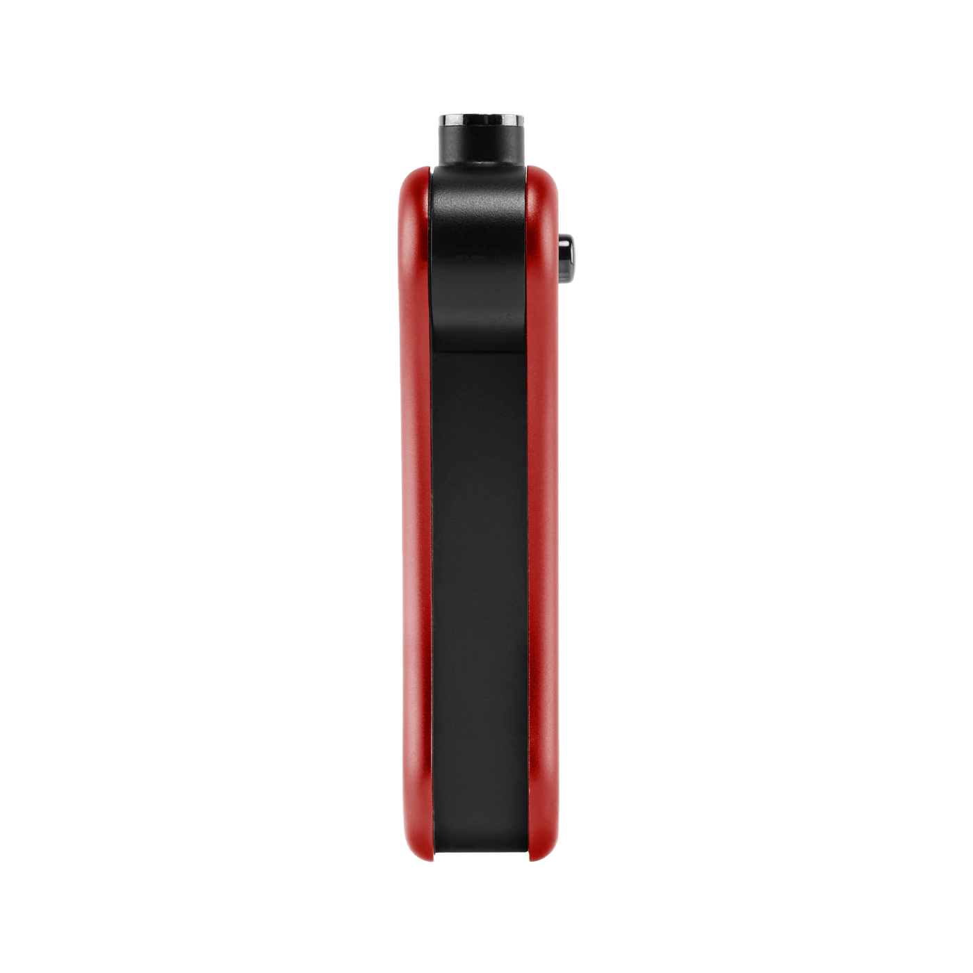 Back of red Hinge vape battery with 510 thread in use position