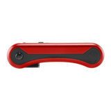 SIde view of red Hinge vape battery with 510 thread in closed position