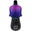 Purple and black Shroom vape battery with screen turned on against white background