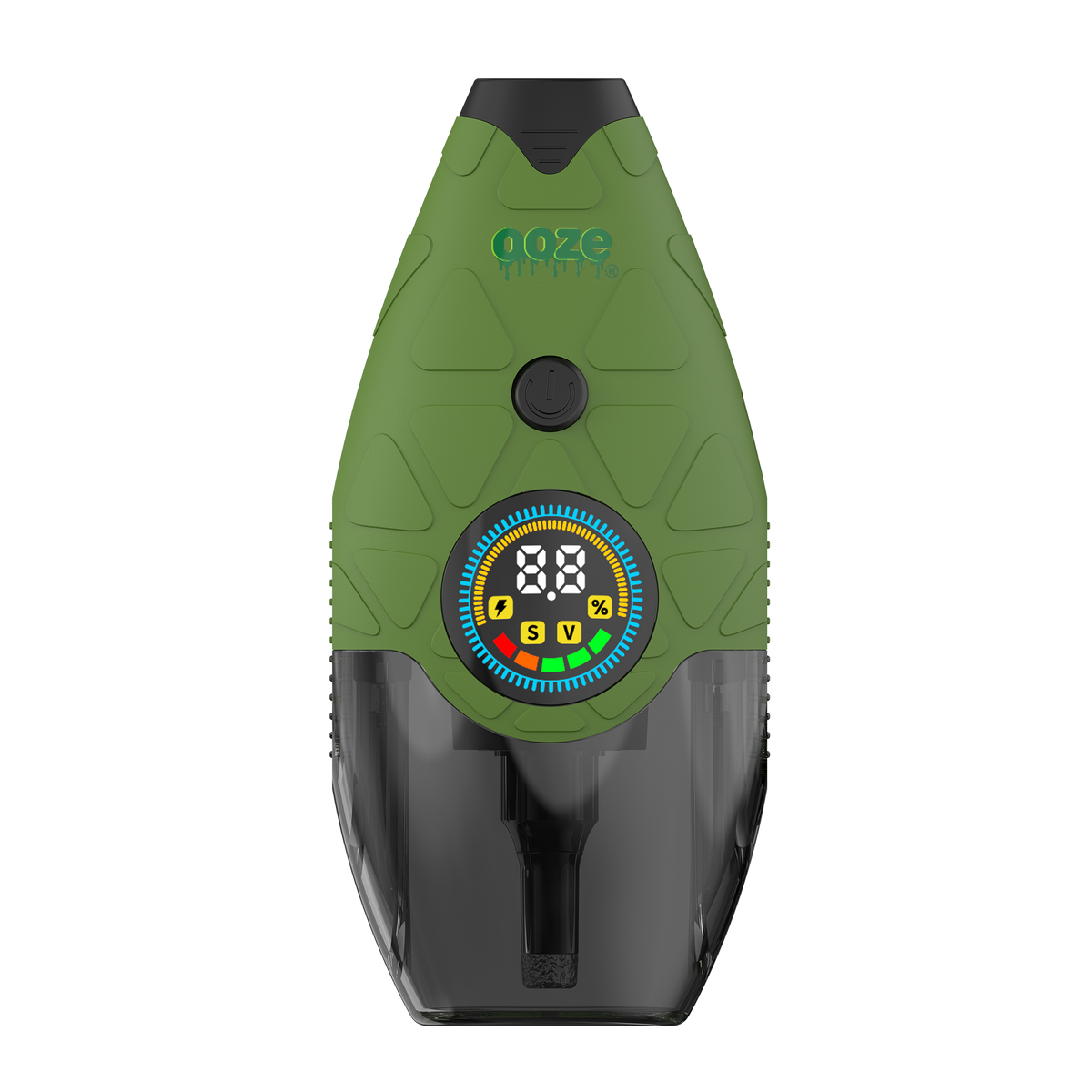 Front of green Hover device with screen turned on