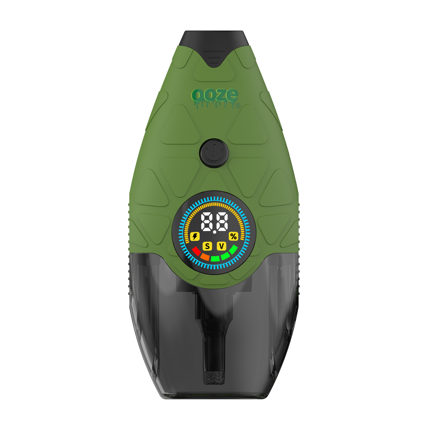 Front of green Hover device with screen turned on