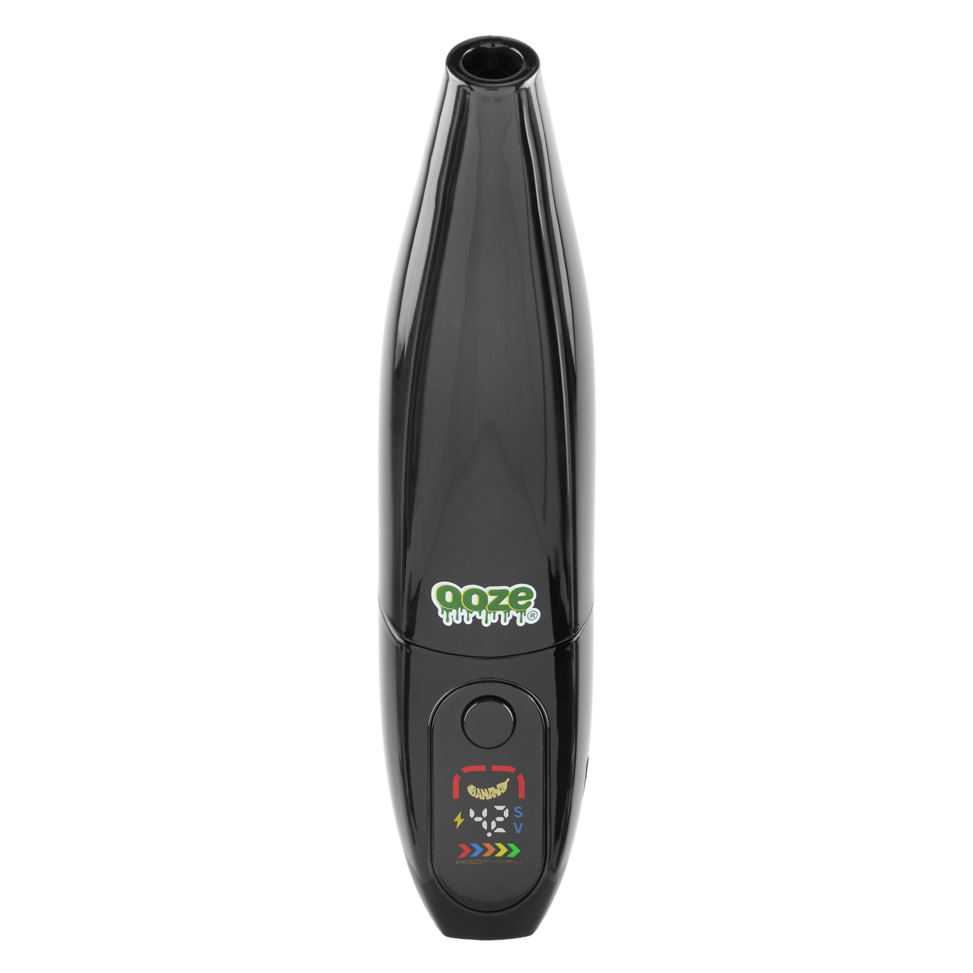 Black Peel banana battery upright with screen turned on against white background