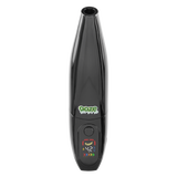Black Peel banana battery upright with screen turned on against white background