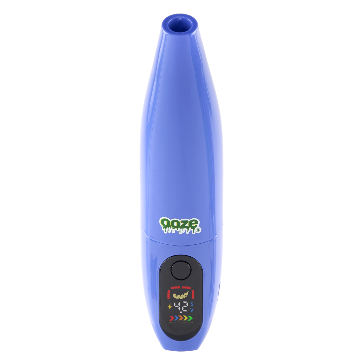 Blue Peel banana battery upright with screen turned on against white background