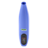 Blue Peel banana battery upright with screen turned on against white background