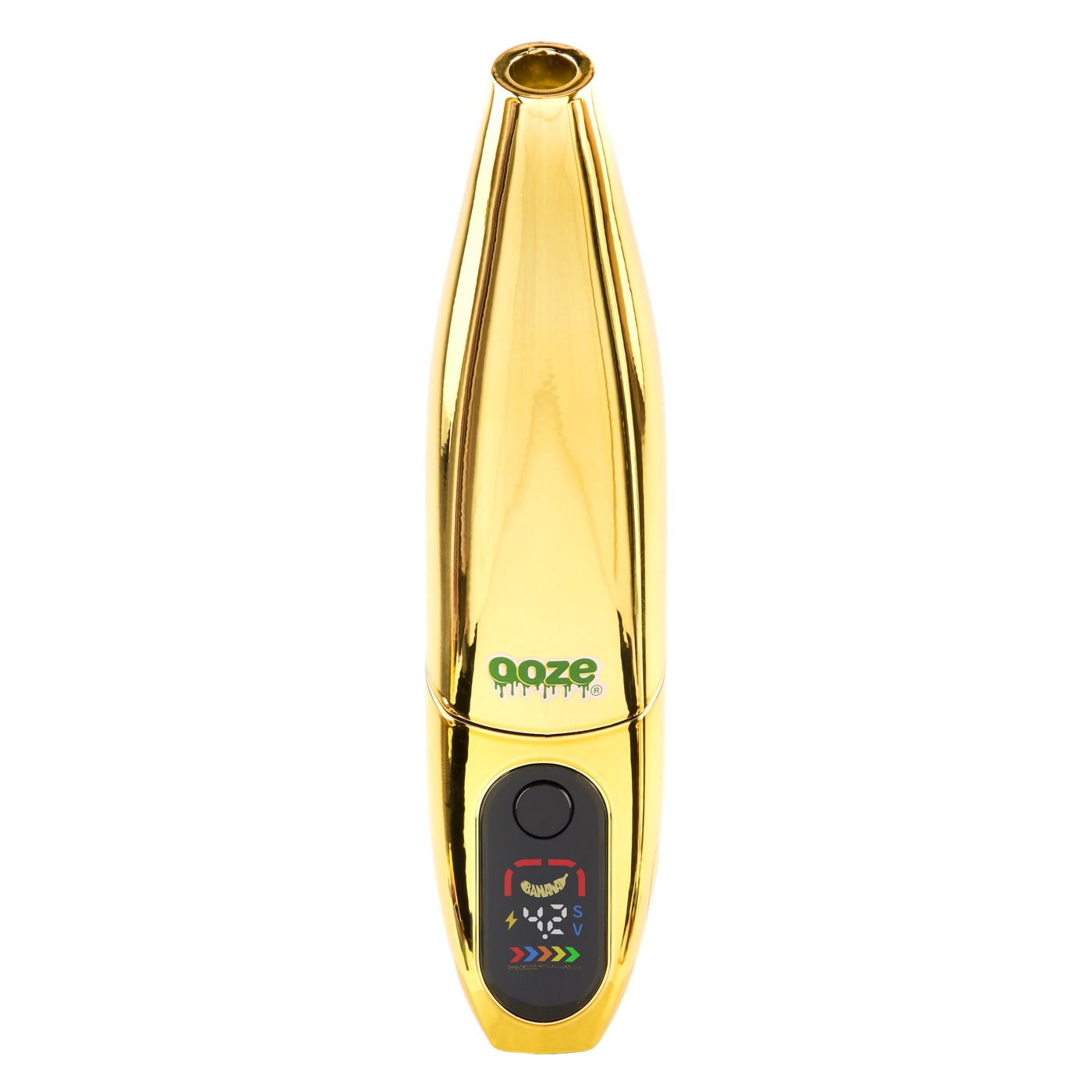 Gold Peel banana battery upright with screen turned on against white background