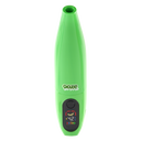 Green Peel banana battery upright with screen turned on against white background