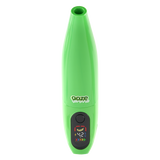 Green Peel banana battery upright with screen turned on against white background