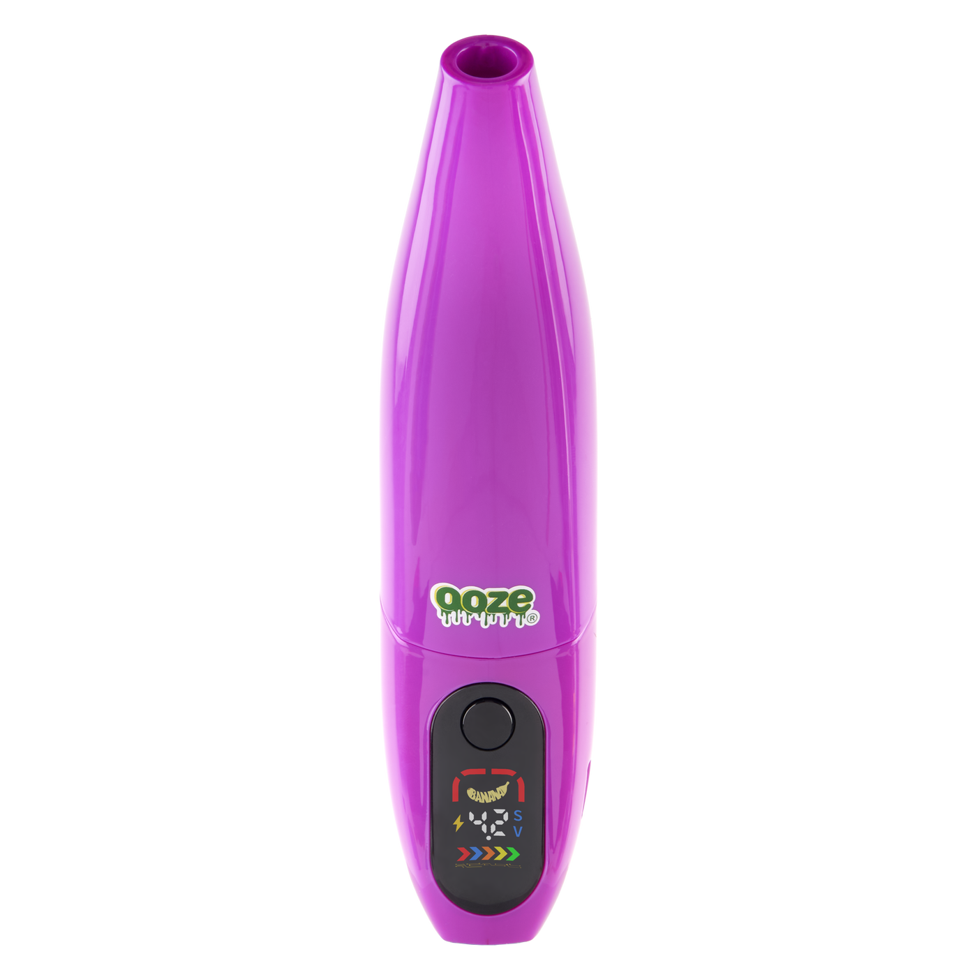 Purple Peel banana battery upright with screen turned on against white background