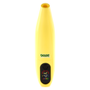Yellow Peel banana battery upright with screen turned on against white background
