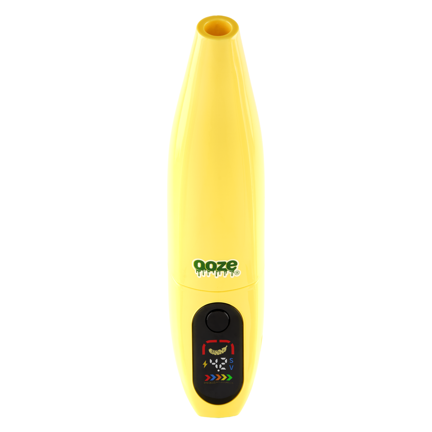 Yellow Peel banana battery upright with screen turned on against white background