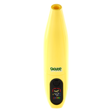 Yellow Peel banana battery upright with screen turned on against white background