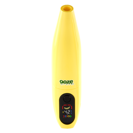 Yellow Peel banana battery upright with screen turned on against white background