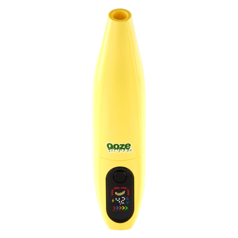 Yellow Peel banana battery upright with screen turned on against white background