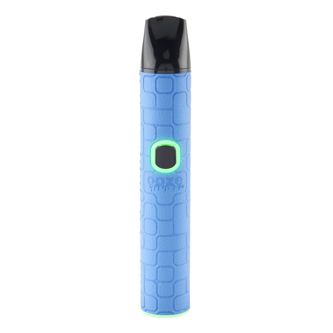 A blue textured Pinch dry herb vape pen with the light turned on