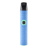 A blue textured Pinch dry herb vape pen with the light turned on