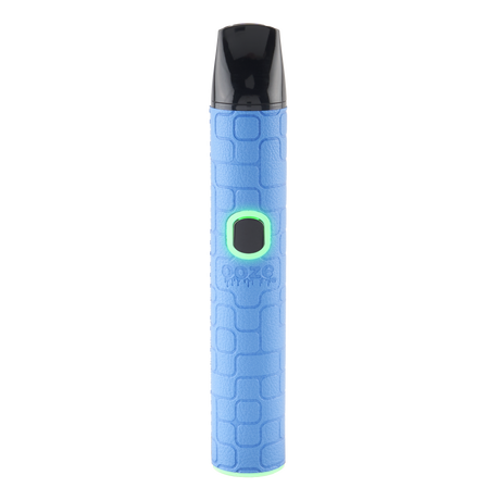A blue textured Pinch dry herb vape pen with the light turned on