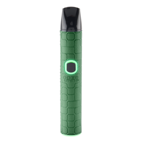 A green textured Pinch dry herb vape pen with the light turned on