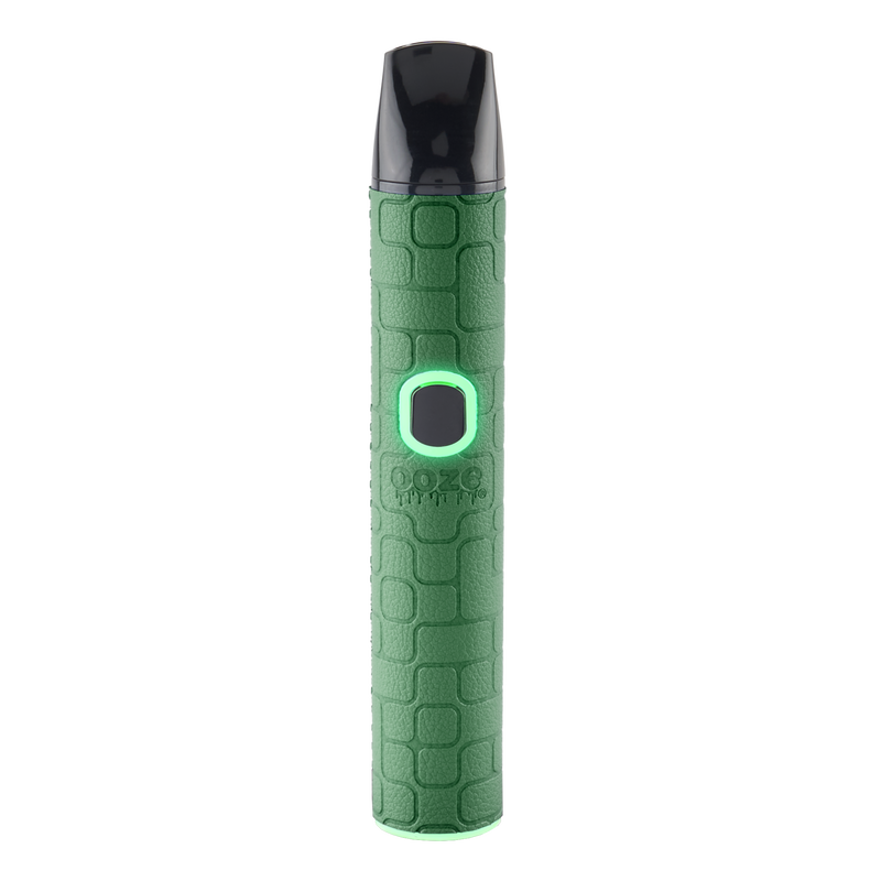 A green textured Pinch dry herb vape pen with the light turned on