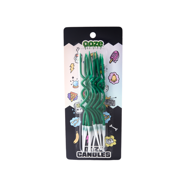 10-pack blister package of Ooze green spiral birthday candles