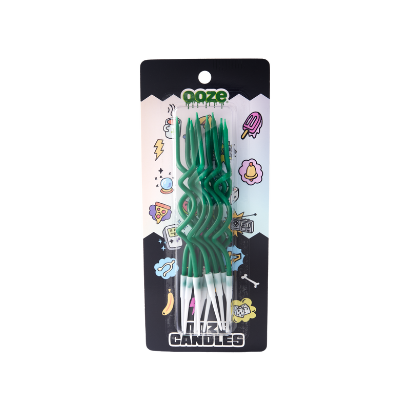 10-pack blister package of Ooze green spiral birthday candles
