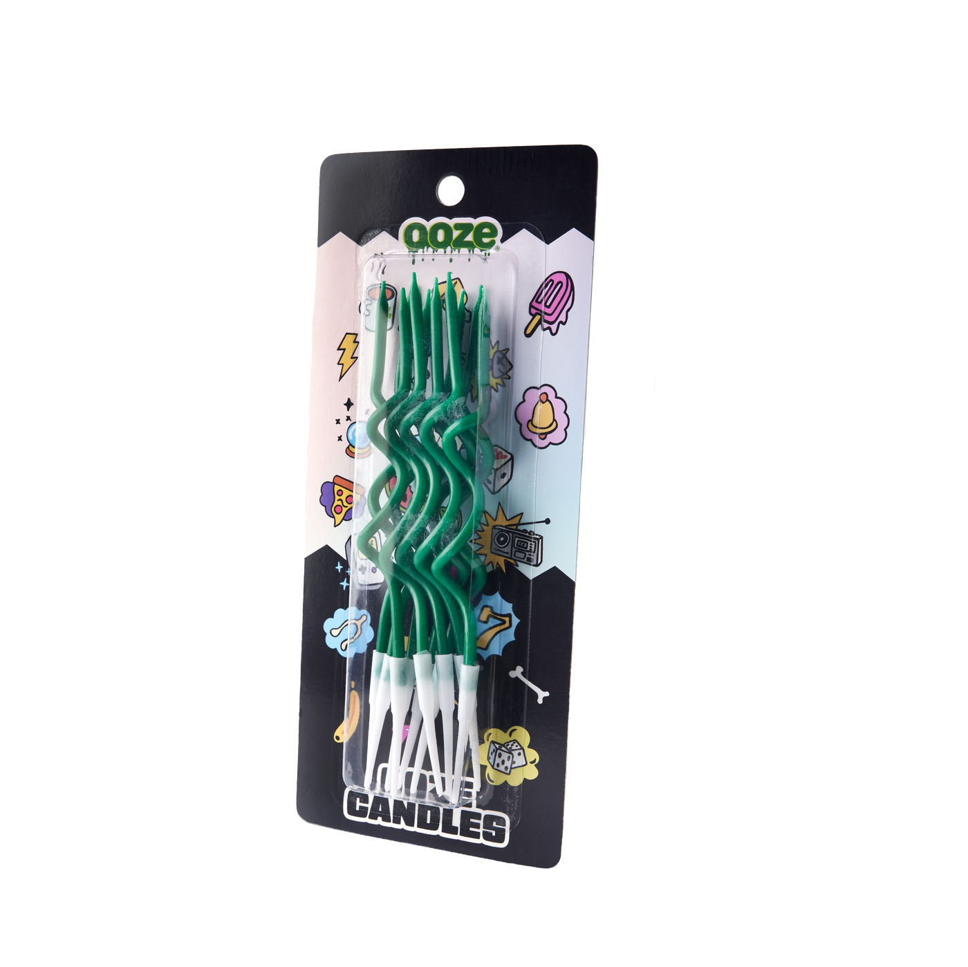 Angled view of the Ooze birthday candle 10-pack blister package