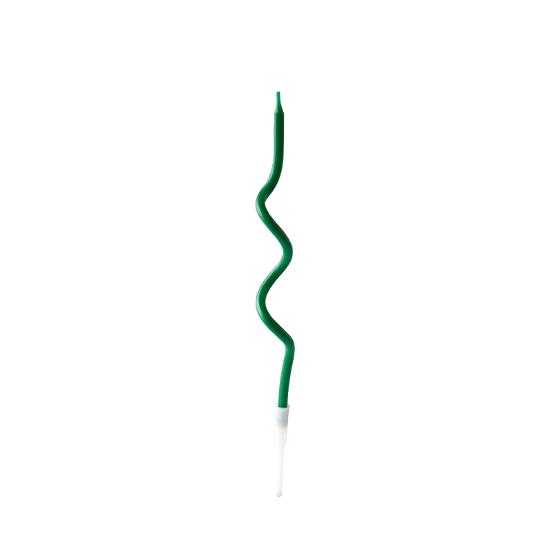 A single green spiral Ooze birthday candle with a plastic white tip