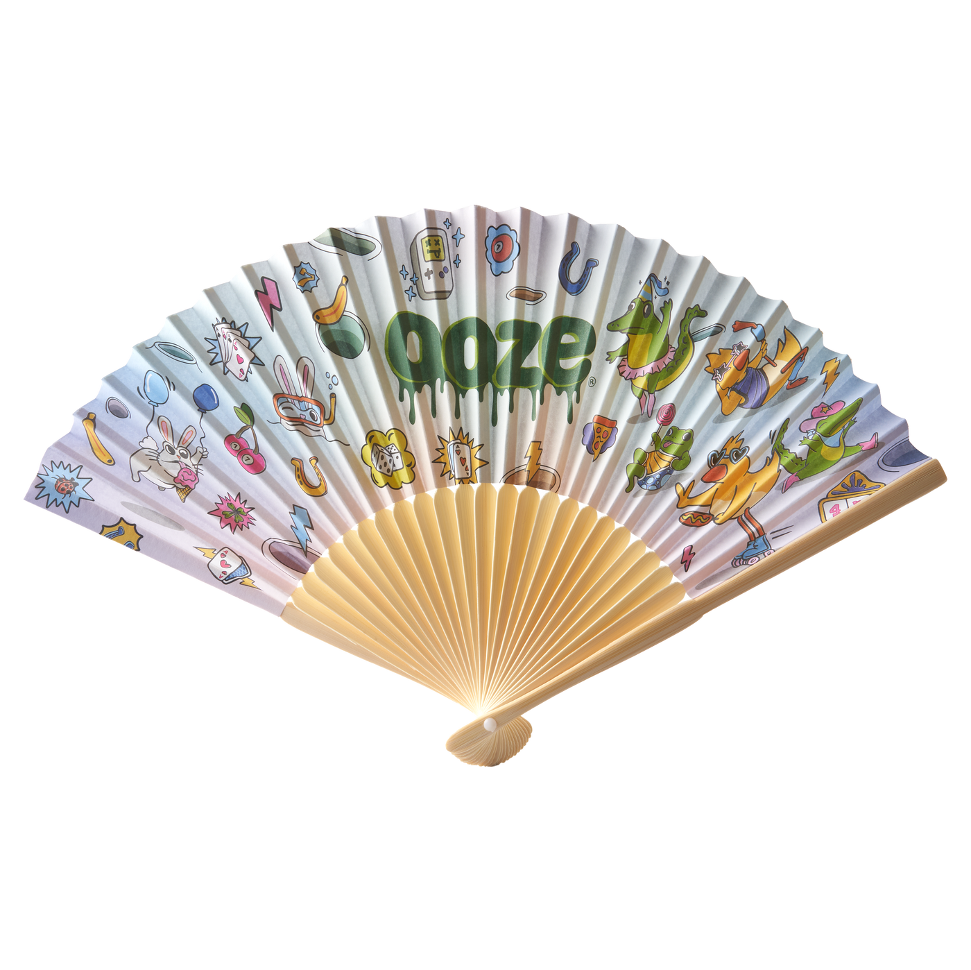 Colorful hand fan with cartoon designs on a white background