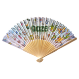 Colorful hand fan with cartoon designs on a white background