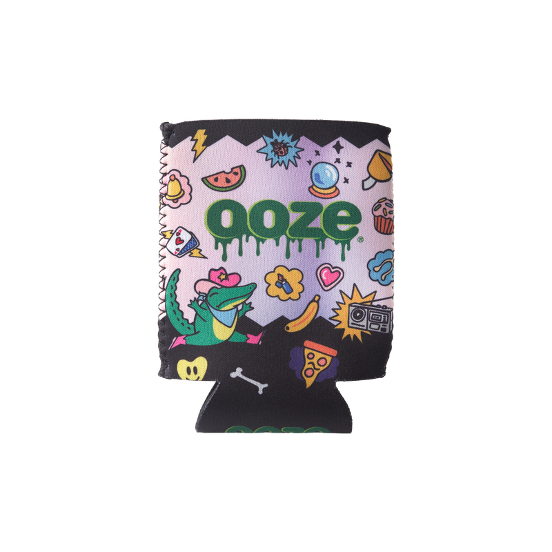 Front of the colorful Ooze Hotel Lucky koozie for slim cans