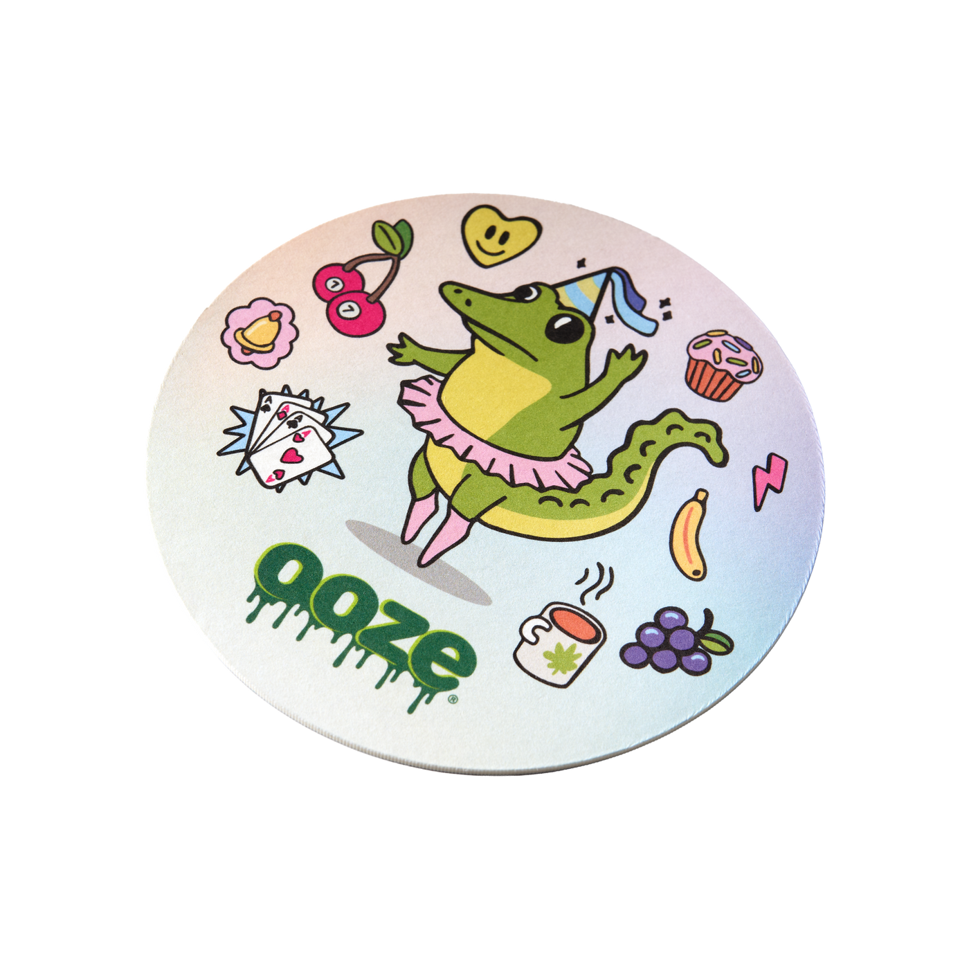 Angled view of the Cardboard Hotel Lucky coaster with the dancing alligator and other lucky charms