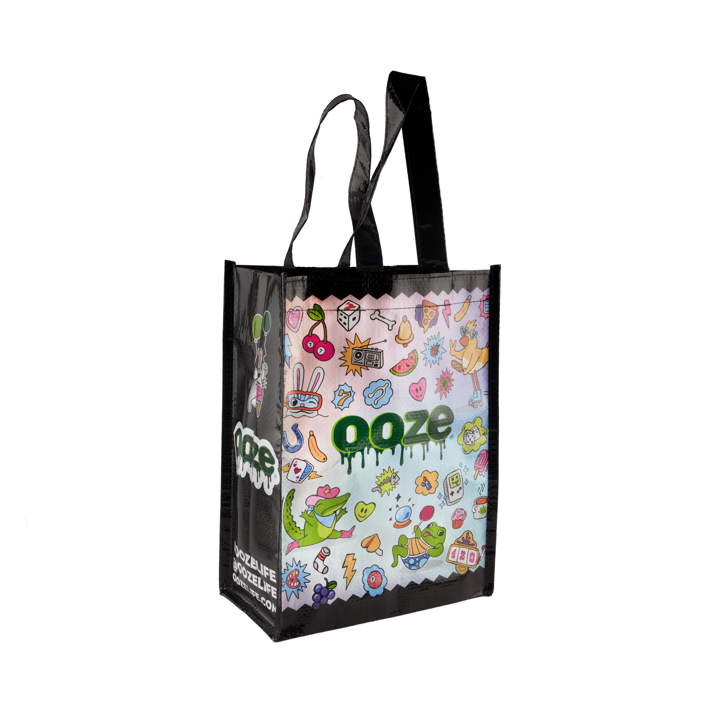 Small reusable tote bag with a colorful front design, Ooze logo, and black sides and handles