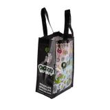 Side view of the colorful Ooze Hotel Lucky large reusable tote bag with black sides and handles