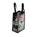 Angled view of the small Ooze reusable Hotel Lucky tote bag with colorful design and black sides and handles