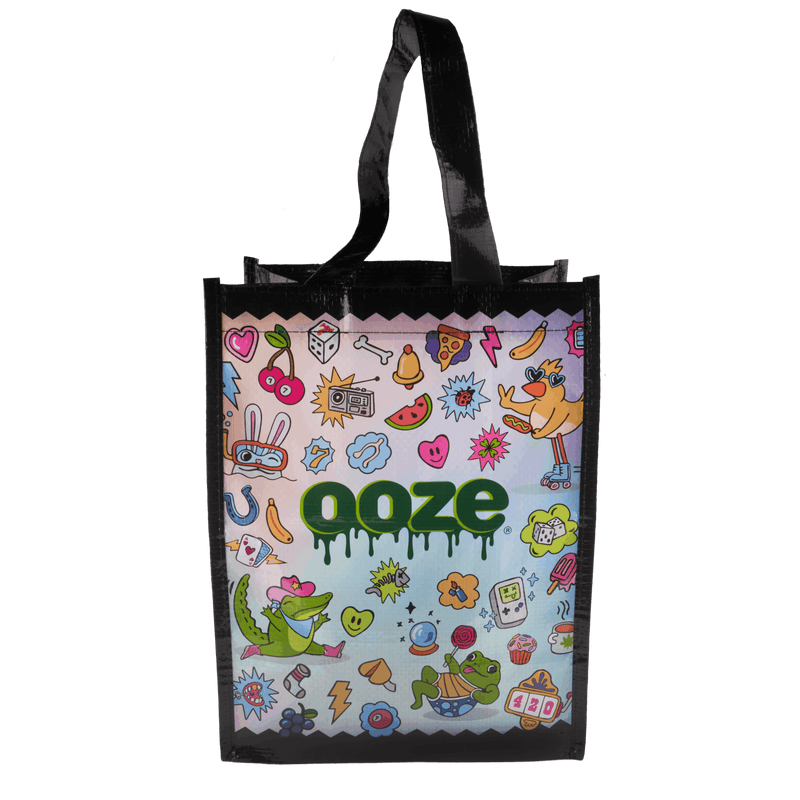 Front of the colorful Ooze Hotel Lucky large reusable grocery tote bag