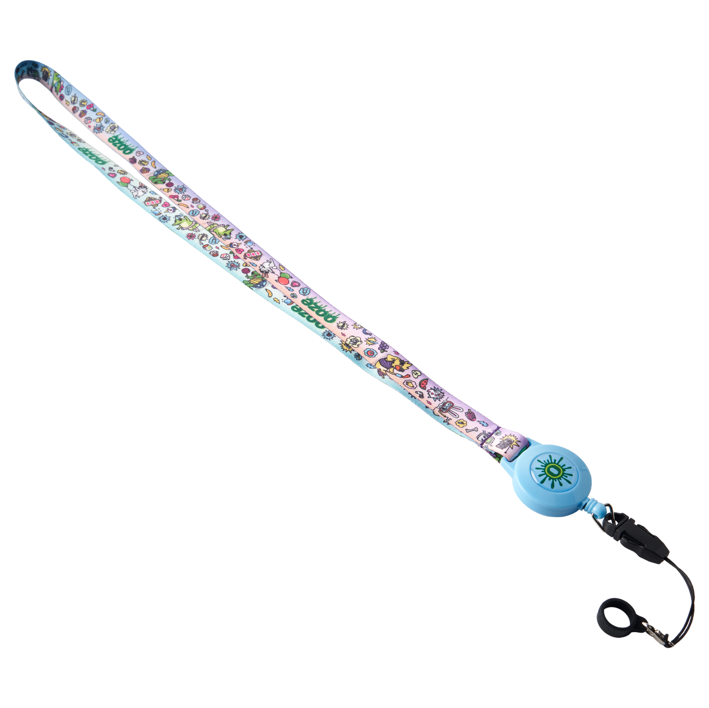 Blue and pink Ooze Hotel Lucky retractable vape lanyard laid fully stretched out