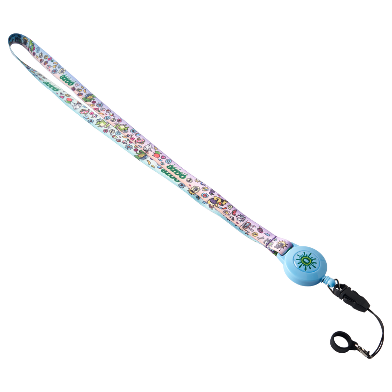 Blue and pink Ooze Hotel Lucky retractable vape lanyard laid fully stretched out