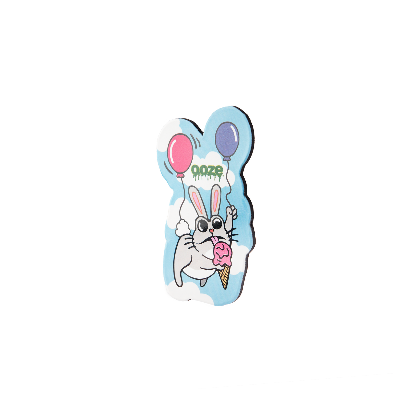 Angled view of the Ooze Hotel Lucky bunny magnet with two balloons and ice cream