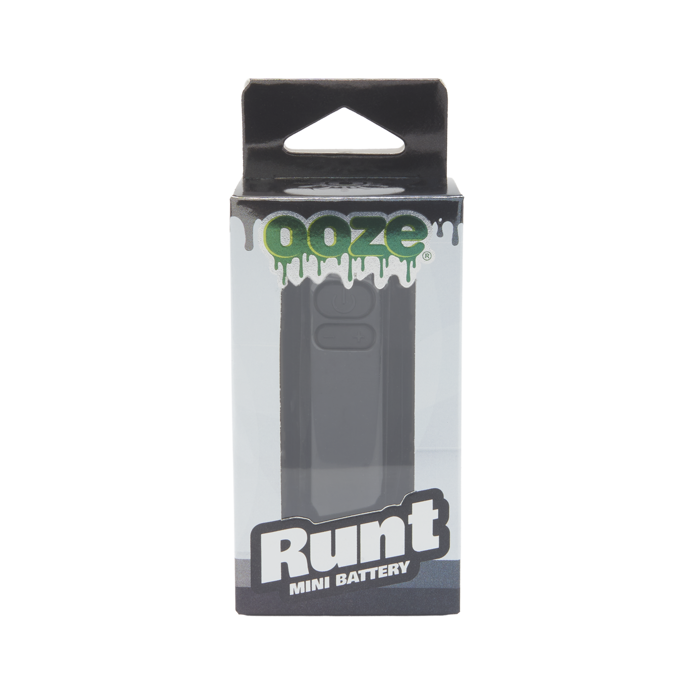 Front view of the black Ooze Runt Mini Battery in the box