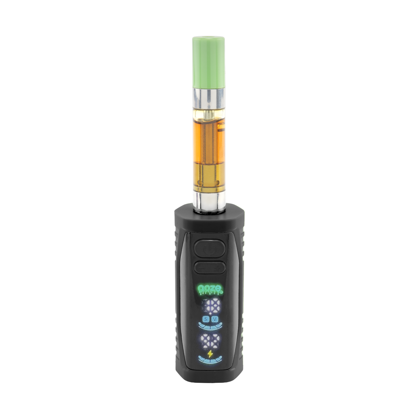 Front view of the black Ooze Runt Mini Battery with a cartridge attached and screen turned on