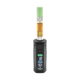 Front view of the black Ooze Runt Mini Battery with a cartridge attached and screen turned on