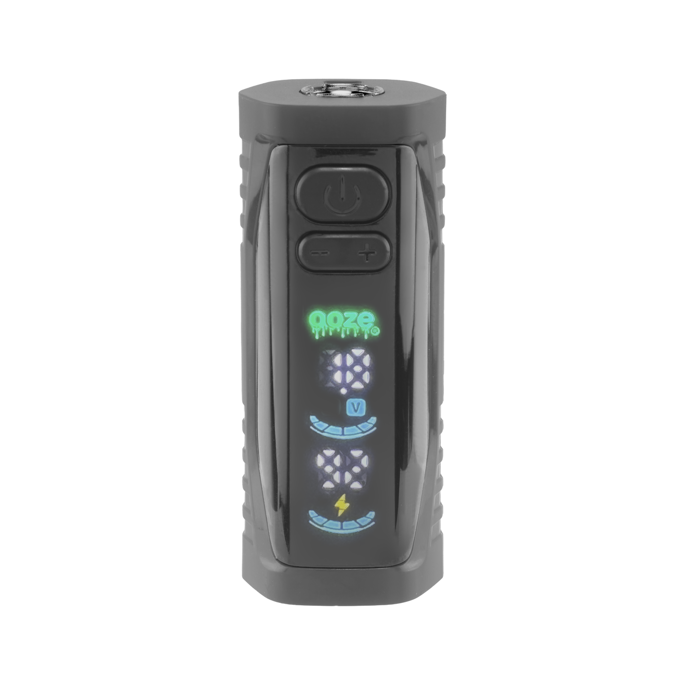 Front view of the black Ooze Runt Mini Battery with the screen turned on