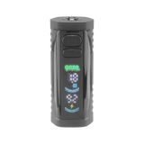 Front view of the black Ooze Runt Mini Battery with the screen turned on